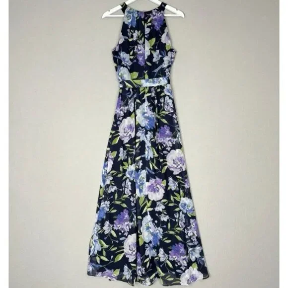 SLNY Floral Print Maxi Dress Halter Neckline Fitted Bodice Flowing Skirt Sz 12 - Picture 3 of 7